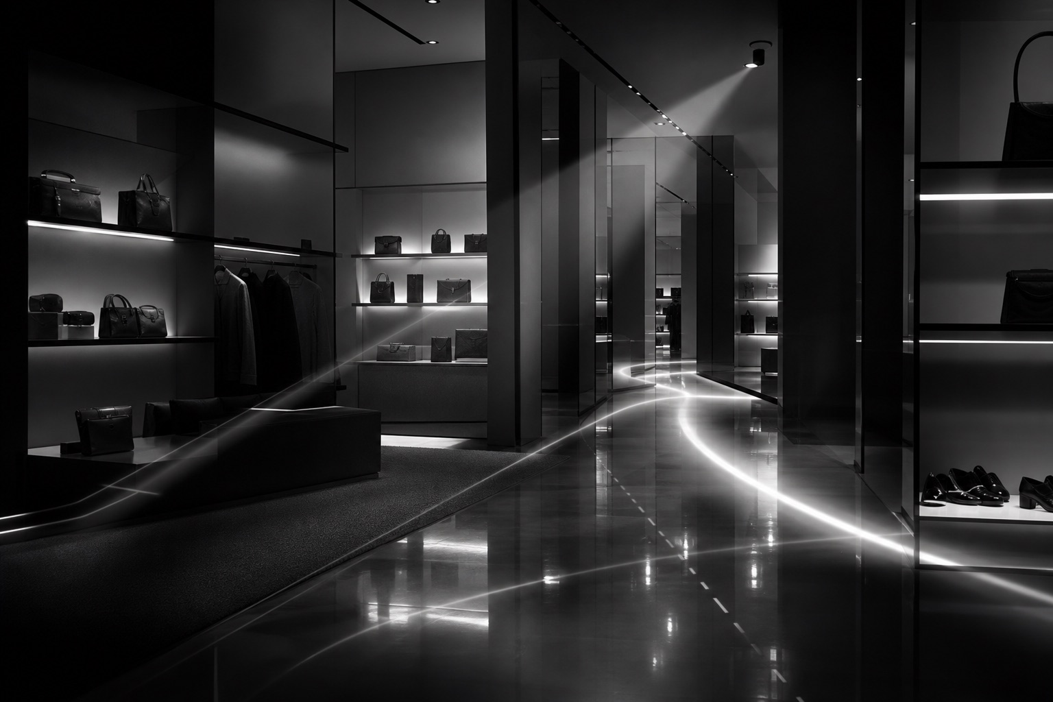 Retail interior with illuminated shopper path